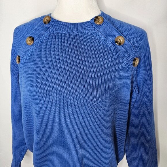 Ann Taylor Size Petite Large Shoulder Button Trim Ragland Sleeve Blue Sweater - Picture 3 of 12